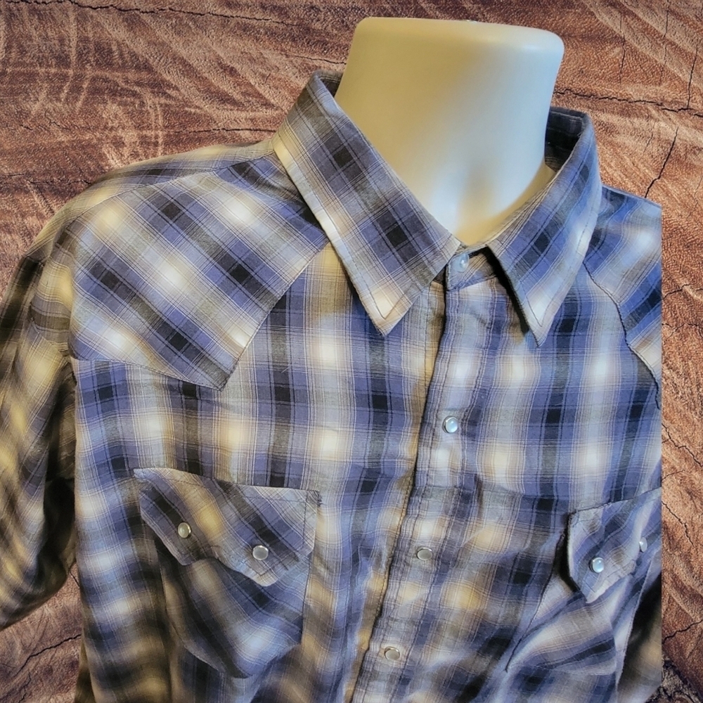 Ely Cattleman Shirt Mens 2XL XXL Blue Plaid cowboy Pearl Snap Western Rancher T2